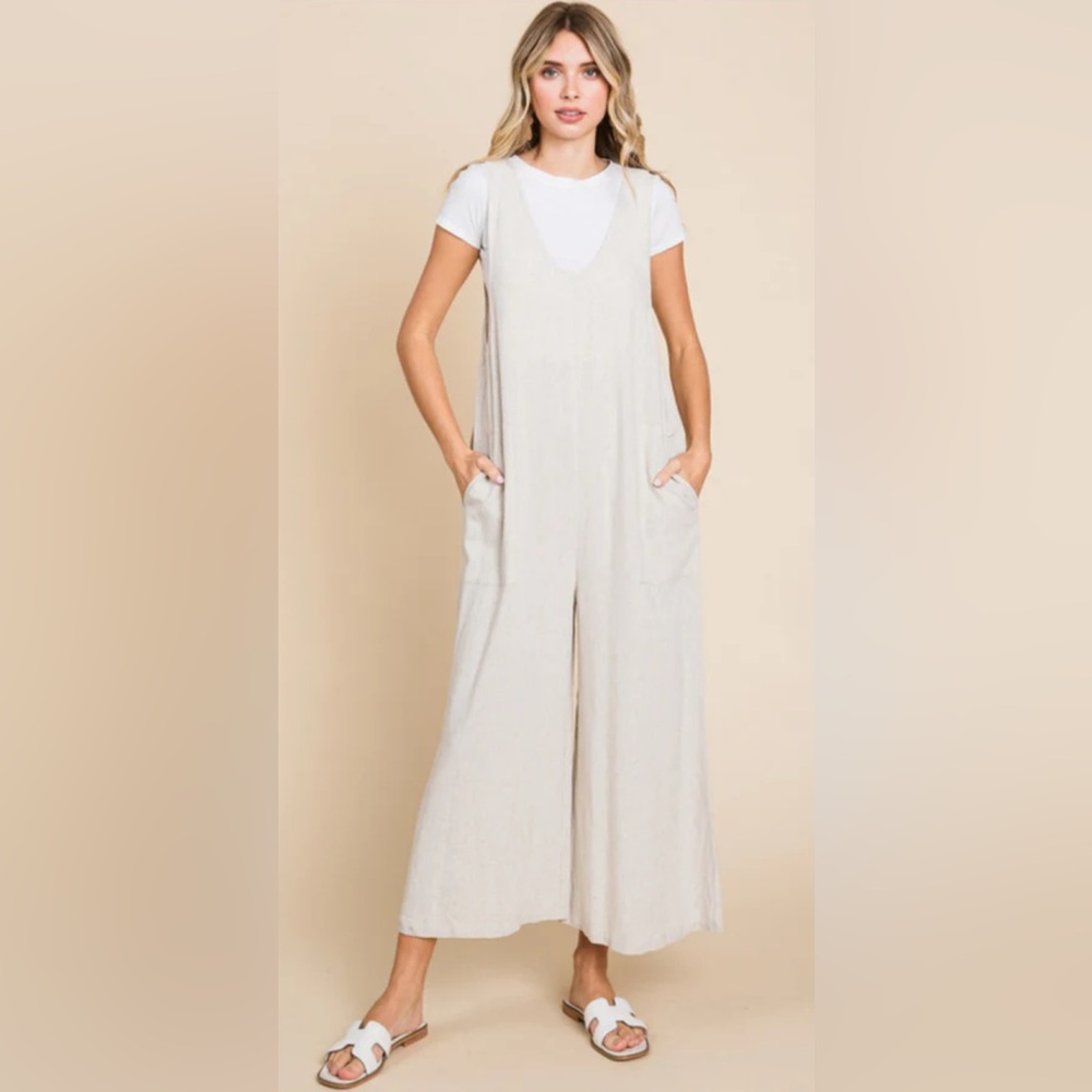 JODFIL Women’s Linen Blend Wide Leg Cropped Jumpsuit in Oatmeal Size Small‎ NWT